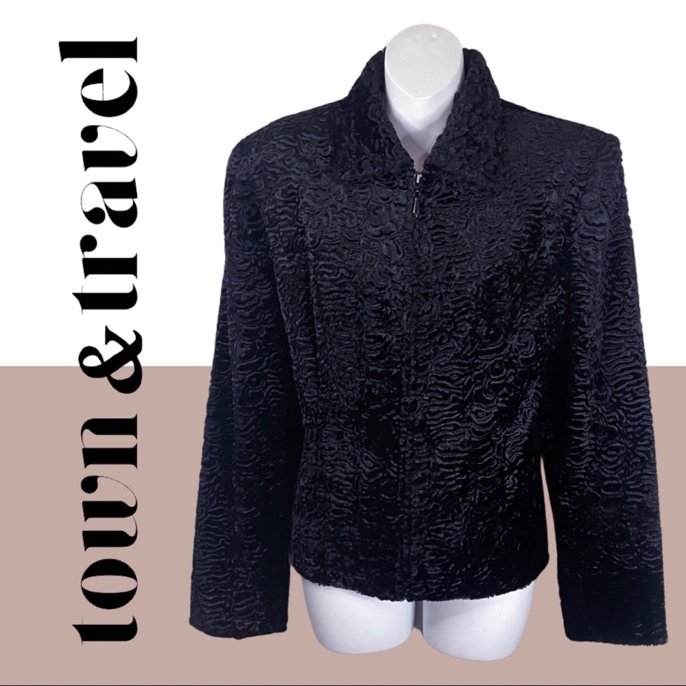 Vintage Town and Travel Furry Fuzzy Coat Jacket Textured Pattern Shoulder Pads L